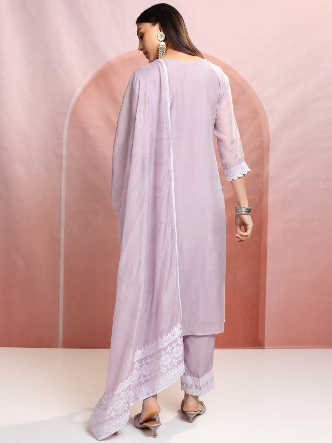 Vishudh Women Purple Embroidered Kurta With Trouser And Dupatta - Purple - Image 3