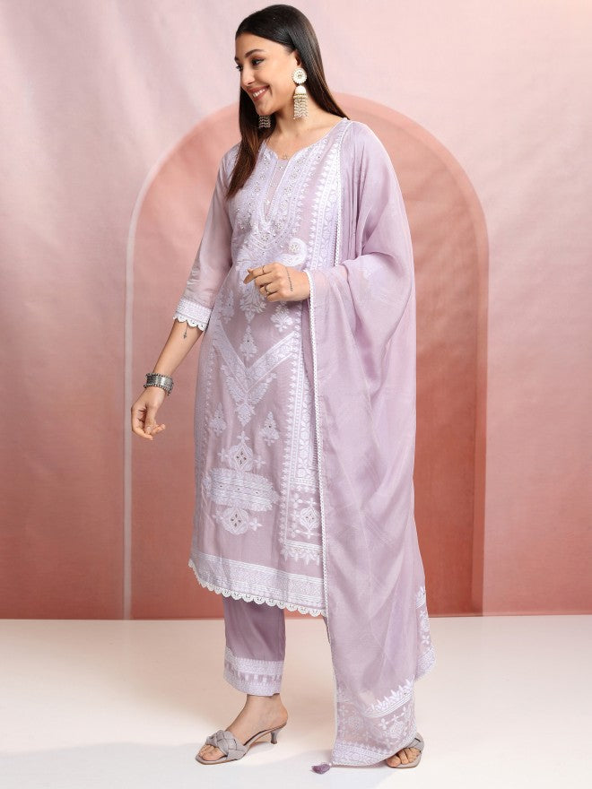 Vishudh Women Purple Embroidered Kurta With Trouser And Dupatta - Purple - Image 4
