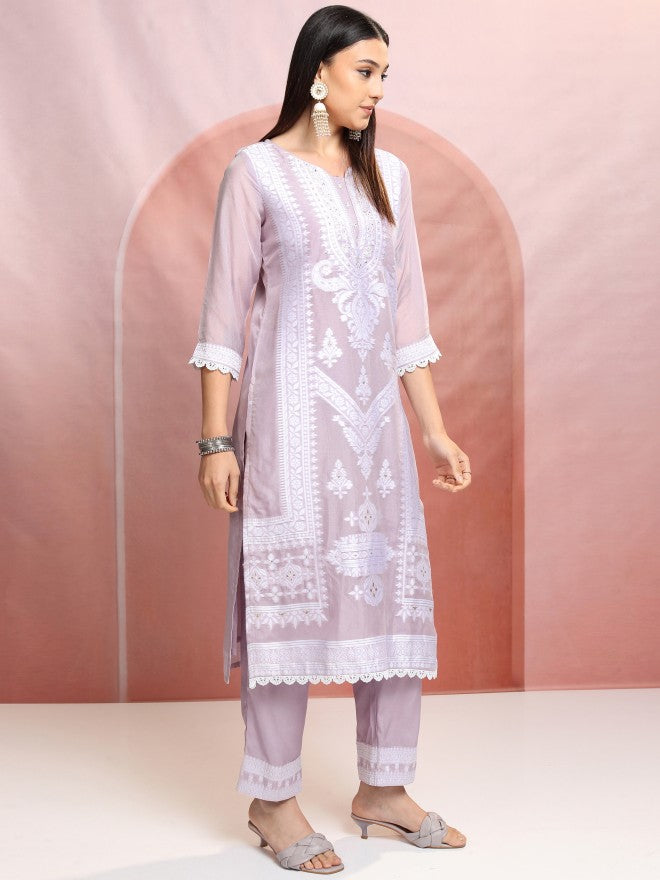 Vishudh Women Purple Embroidered Kurta With Trouser And Dupatta - Purple - Image 6
