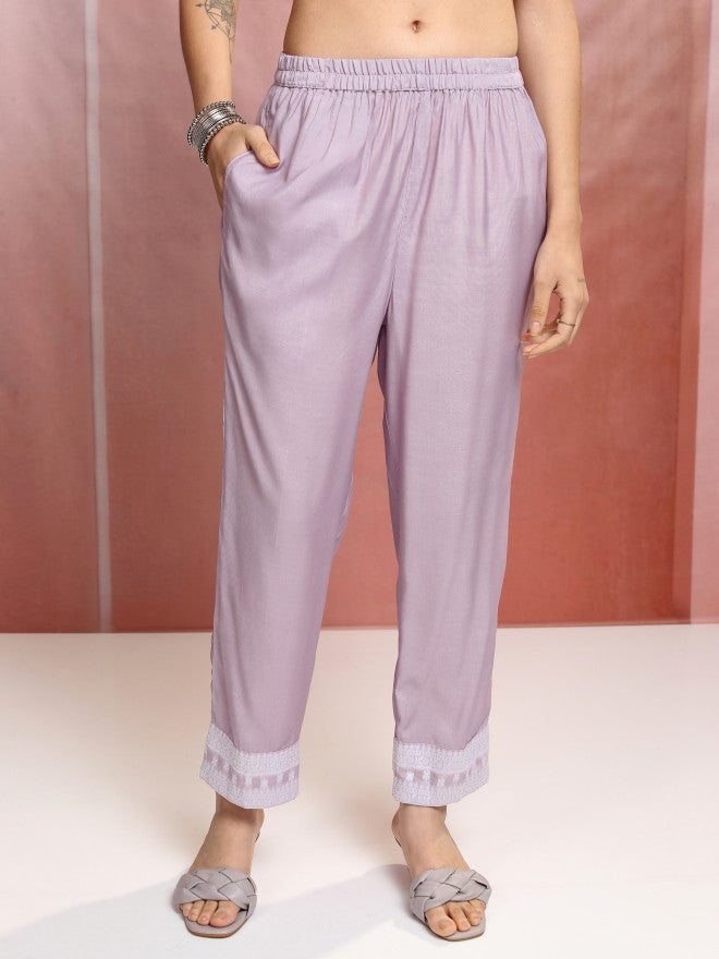 Vishudh Women Purple Embroidered Kurta With Trouser And Dupatta - Purple - Image 7