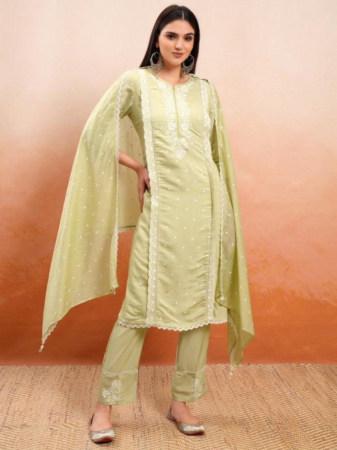 Vishudh Women Beige Embroidered Kurta With Trouser And Dupatta - Beige - Image 2