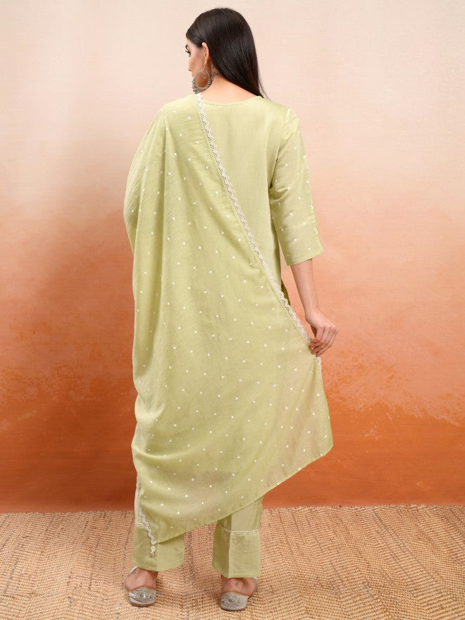 Vishudh Women Beige Embroidered Kurta With Trouser And Dupatta - Beige - Image 3