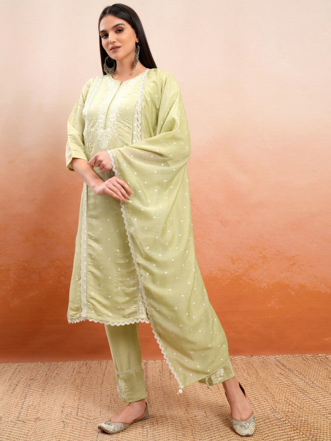 Vishudh Women Beige Embroidered Kurta With Trouser And Dupatta - Beige - Image 4