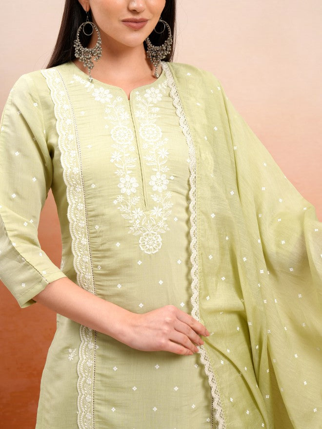 Vishudh Women Beige Embroidered Kurta With Trouser And Dupatta - Beige - Image 5