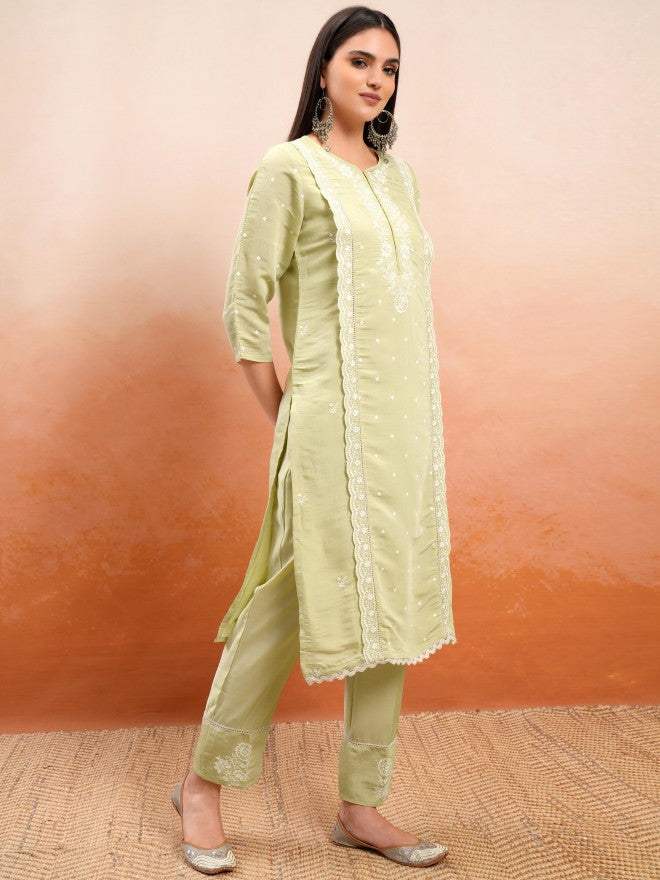 Vishudh Women Beige Embroidered Kurta With Trouser And Dupatta - Beige - Image 6