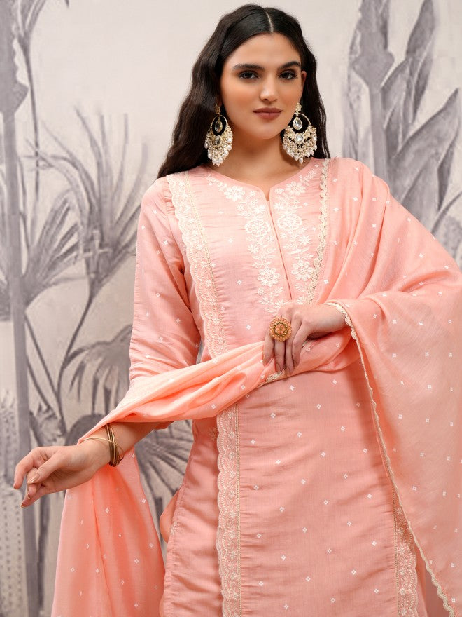 Vishudh Women Coral Embroidered Kurta With Trouser And Dupatta - Coral - Image 1