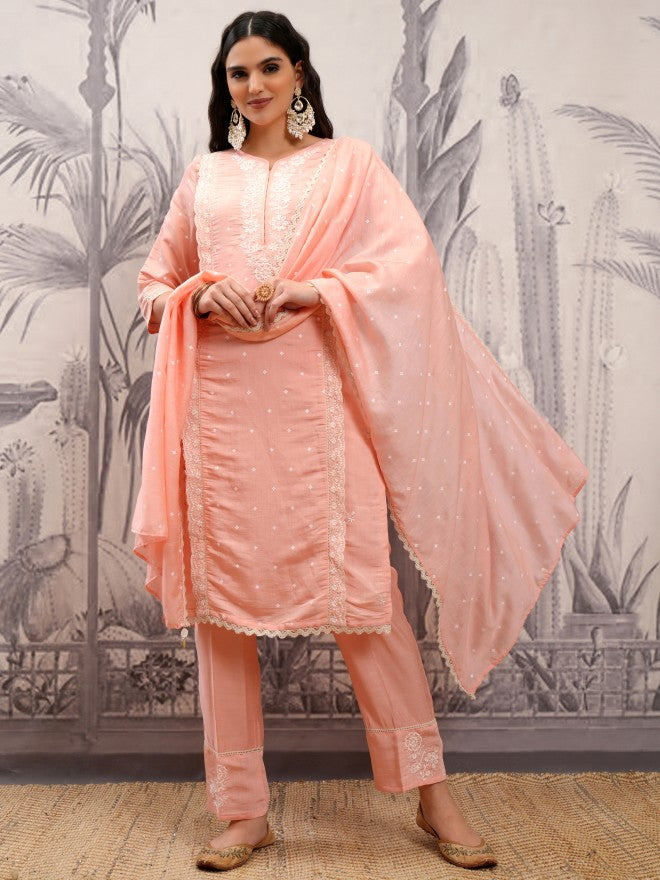 Vishudh Women Coral Embroidered Kurta With Trouser And Dupatta - Coral - Image 2