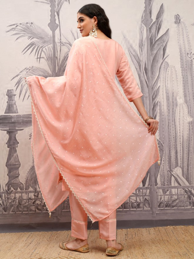 Vishudh Women Coral Embroidered Kurta With Trouser And Dupatta - Coral - Image 3