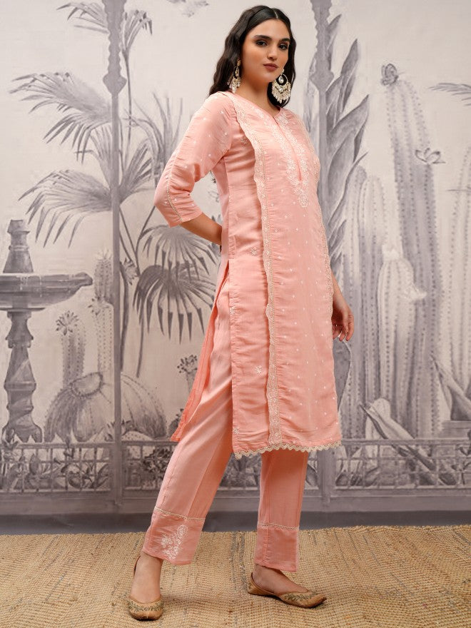 Vishudh Women Coral Embroidered Kurta With Trouser And Dupatta - Coral - Image 6