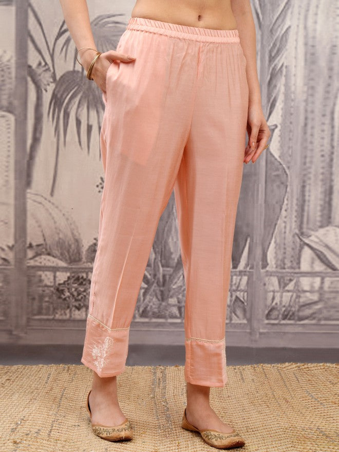 Vishudh Women Coral Embroidered Kurta With Trouser And Dupatta - Coral - Image 7