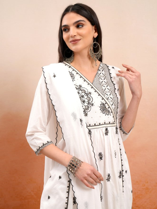 Vishudh Women Off White Embroidered Kurta With Trouser And Dupatta - Off White - Image 1