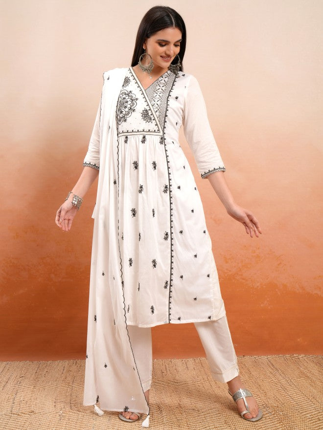 Vishudh Women Off White Embroidered Kurta With Trouser And Dupatta - Off White - Image 2