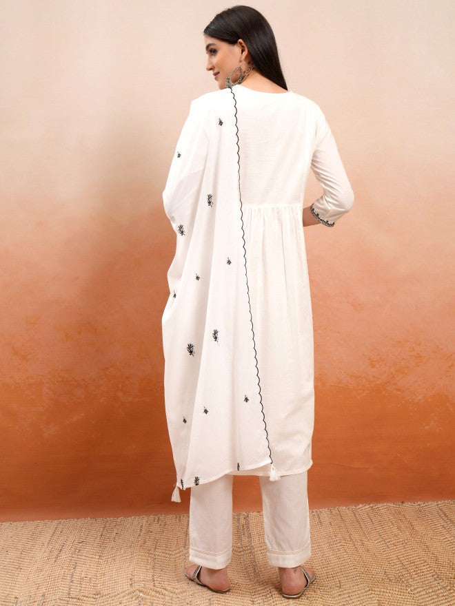 Vishudh Women Off White Embroidered Kurta With Trouser And Dupatta - Off White - Image 3