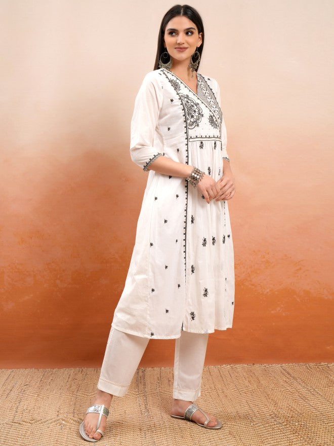 Vishudh Women Off White Embroidered Kurta With Trouser And Dupatta - Off White - Image 6