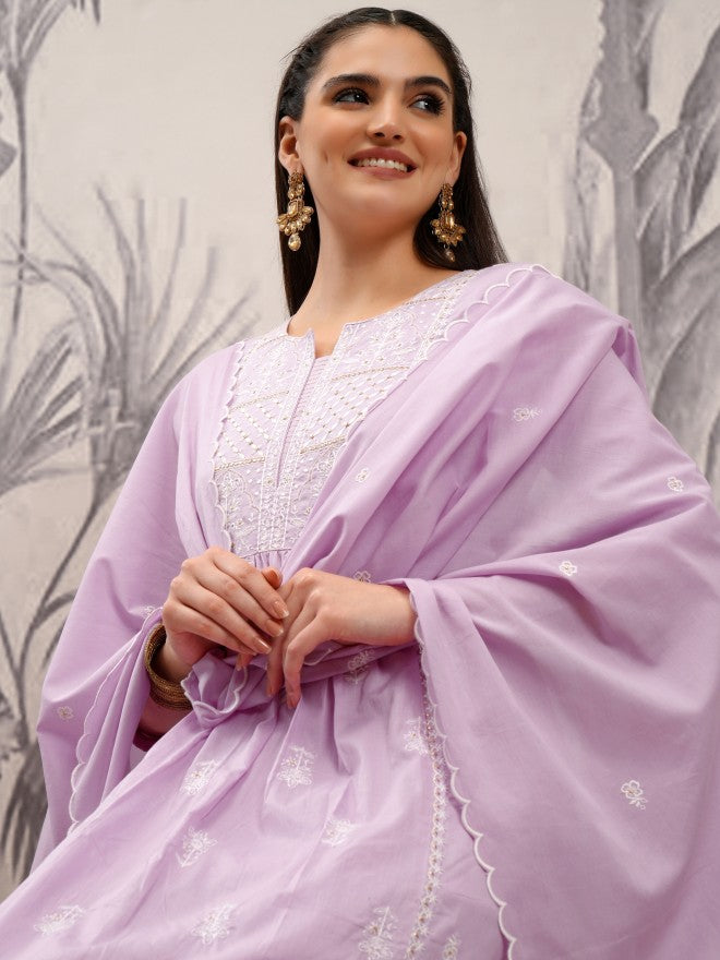 Vishudh Women Purple Embroidered Kurta With Trouser And Dupatta - Purple - Image 1