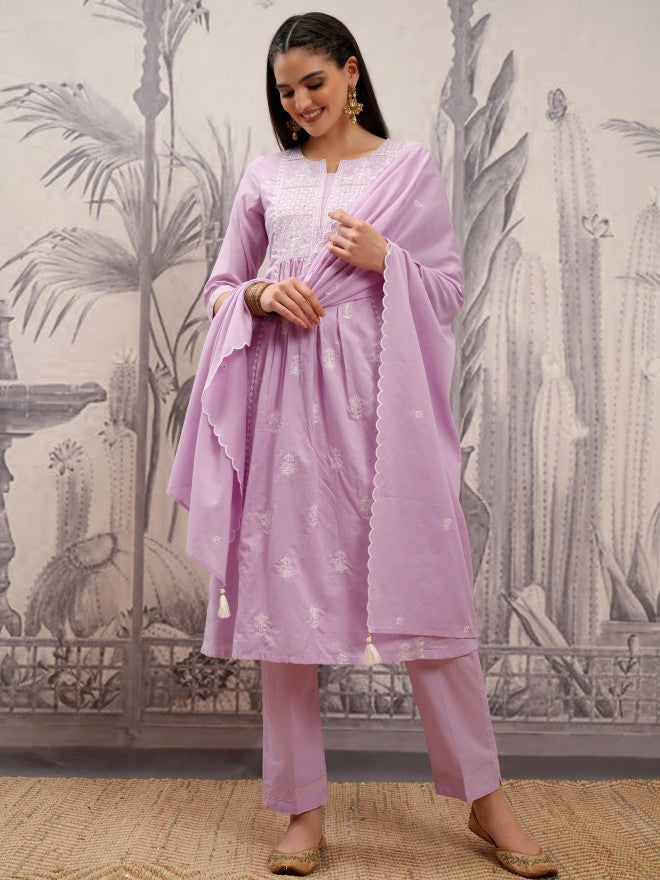 Vishudh Women Purple Embroidered Kurta With Trouser And Dupatta - Purple - Image 2