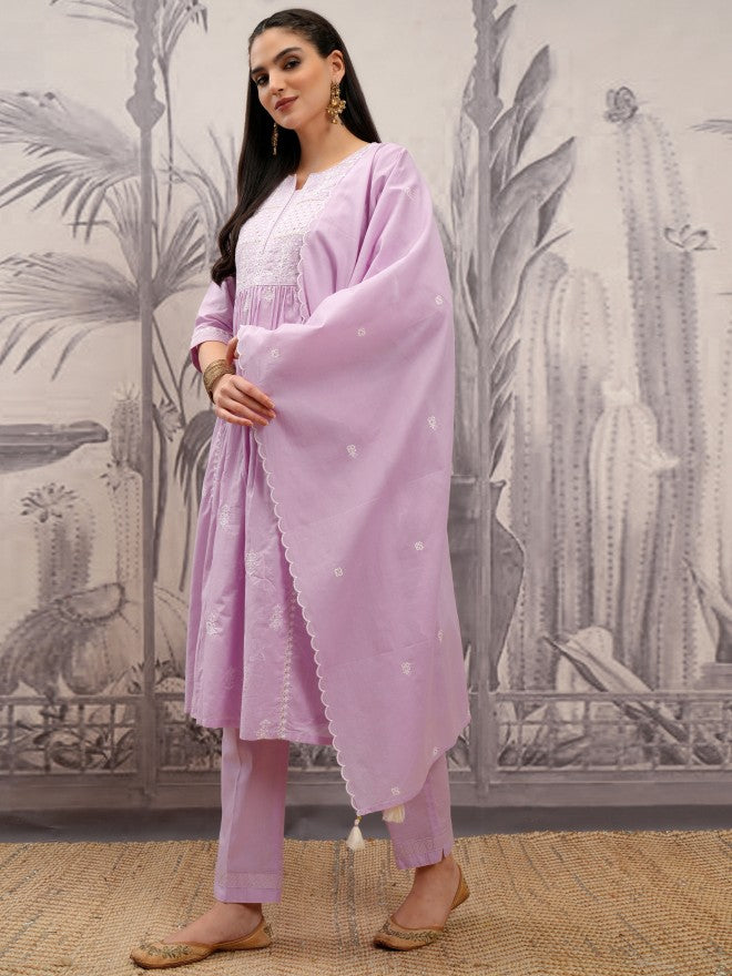 Vishudh Women Purple Embroidered Kurta With Trouser And Dupatta - Purple - Image 4