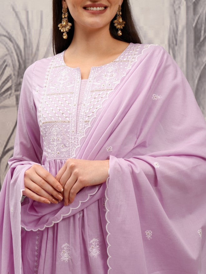 Vishudh Women Purple Embroidered Kurta With Trouser And Dupatta - Purple - Image 5
