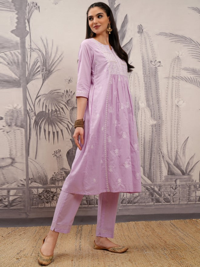 Vishudh Women Purple Embroidered Kurta With Trouser And Dupatta - Purple - Image 6
