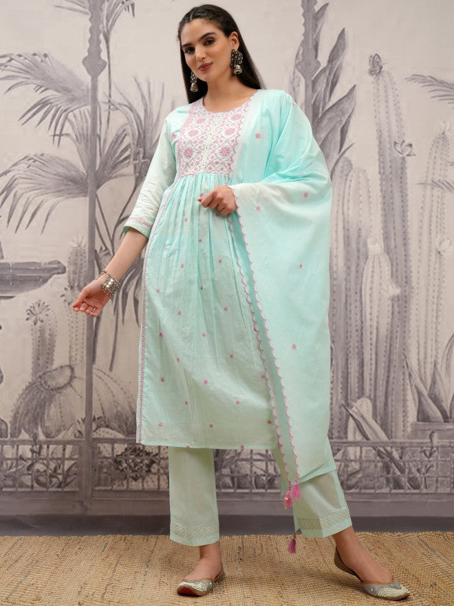 Vishudh Women Blue Embroidered Kurta With Trouser And Dupatta - Blue - Image 2