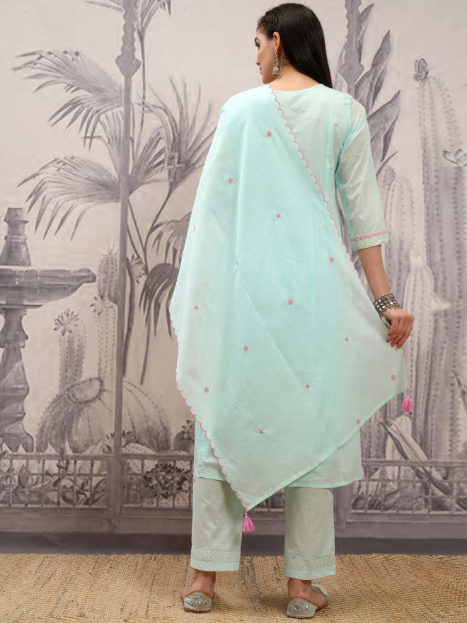 Vishudh Women Blue Embroidered Kurta With Trouser And Dupatta - Blue - Image 3