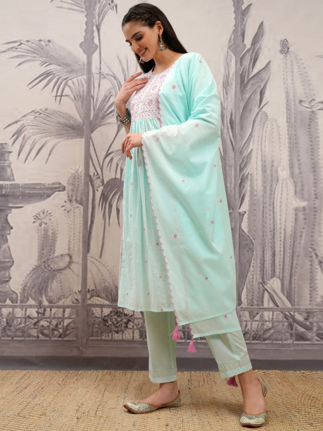 Vishudh Women Blue Embroidered Kurta With Trouser And Dupatta - Blue - Image 4