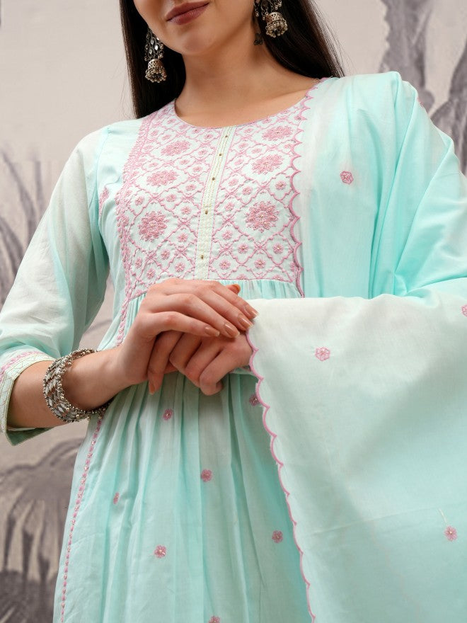 Vishudh Women Blue Embroidered Kurta With Trouser And Dupatta - Blue - Image 5