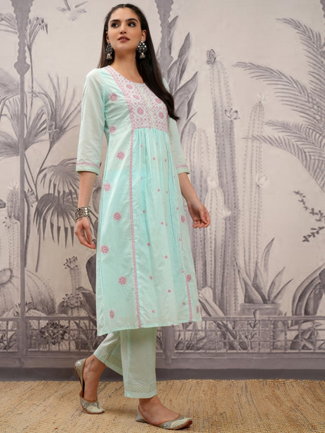 Vishudh Women Blue Embroidered Kurta With Trouser And Dupatta - Blue - Image 6