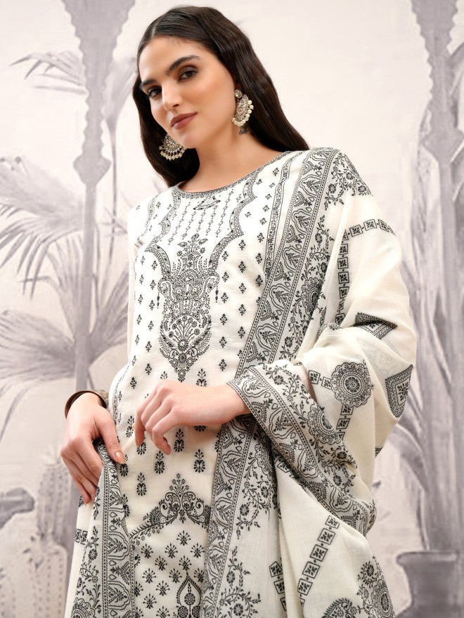 Vishudh Women Off White Printed Kurta With Trouser And Dupatta - Off White - Image 1