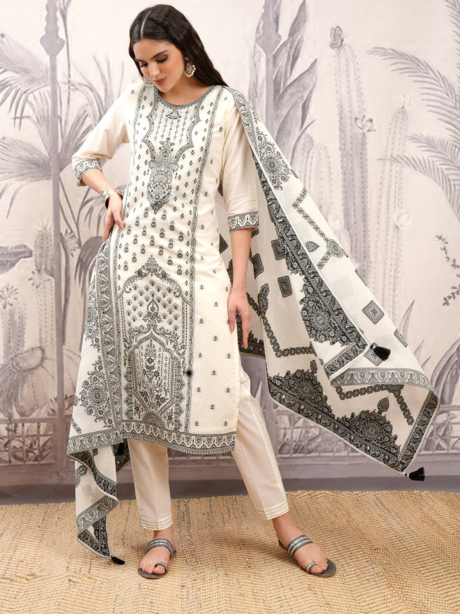 Vishudh Women Off White Printed Kurta With Trouser And Dupatta - Off White - Image 2