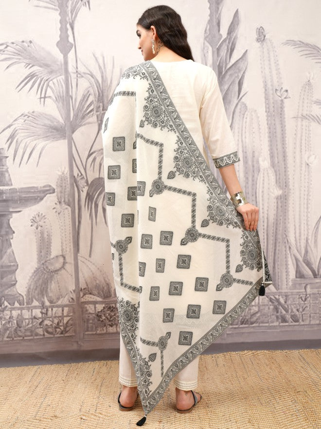 Vishudh Women Off White Printed Kurta With Trouser And Dupatta - Off White - Image 3