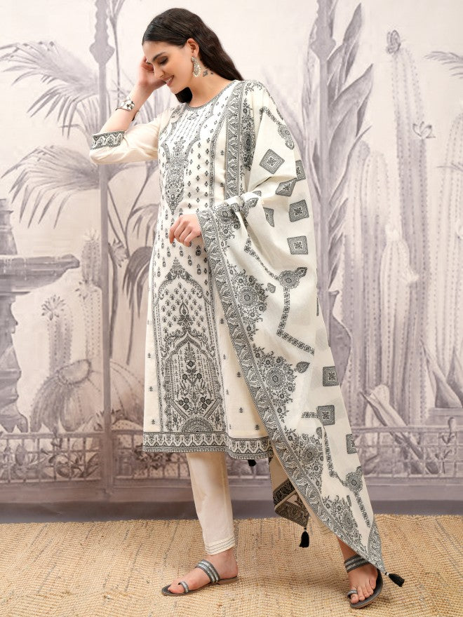 Vishudh Women Off White Printed Kurta With Trouser And Dupatta - Off White - Image 4