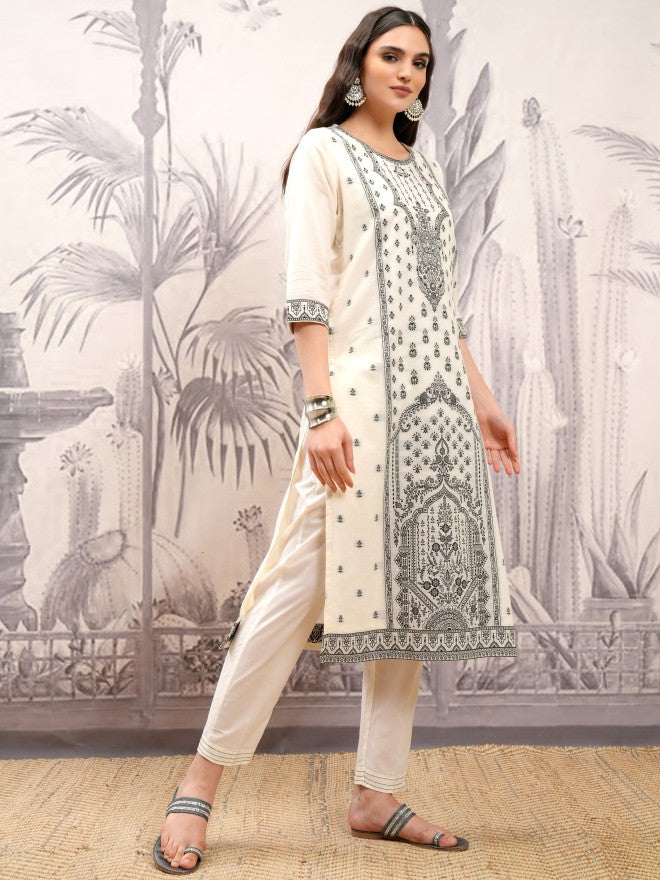 Vishudh Women Off White Printed Kurta With Trouser And Dupatta - Off White - Image 6