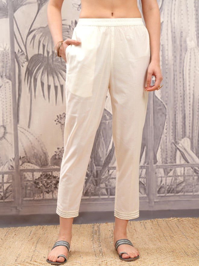 Vishudh Women Off White Printed Kurta With Trouser And Dupatta - Off White - Image 7