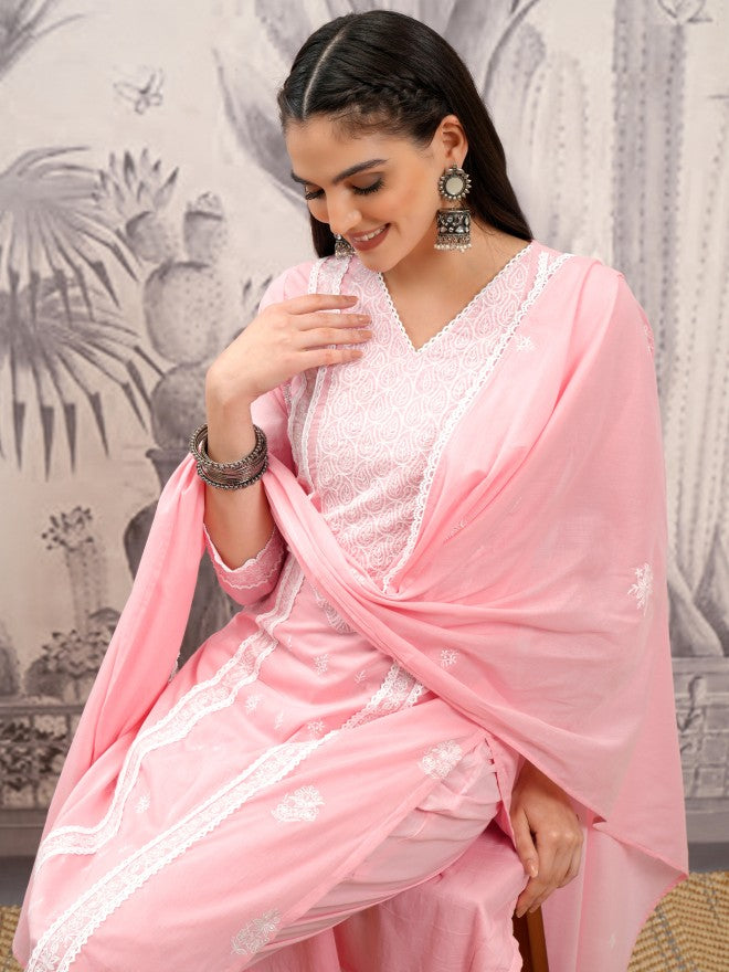 Vishudh Women Pink Embroidered Kurta With Trouser And Dupatta - Pink - Image 1