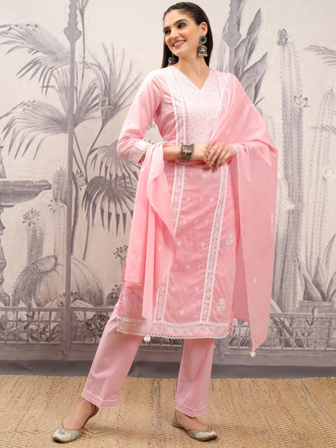 Vishudh Women Pink Embroidered Kurta With Trouser And Dupatta - Pink - Image 2