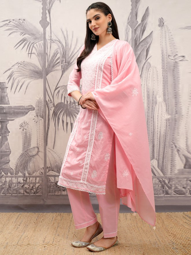 Vishudh Women Pink Embroidered Kurta With Trouser And Dupatta - Pink - Image 4
