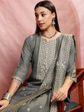 Vishudh Women Grey Embroidered Kurta With Trouser And Dupatta - Grey - Image 1