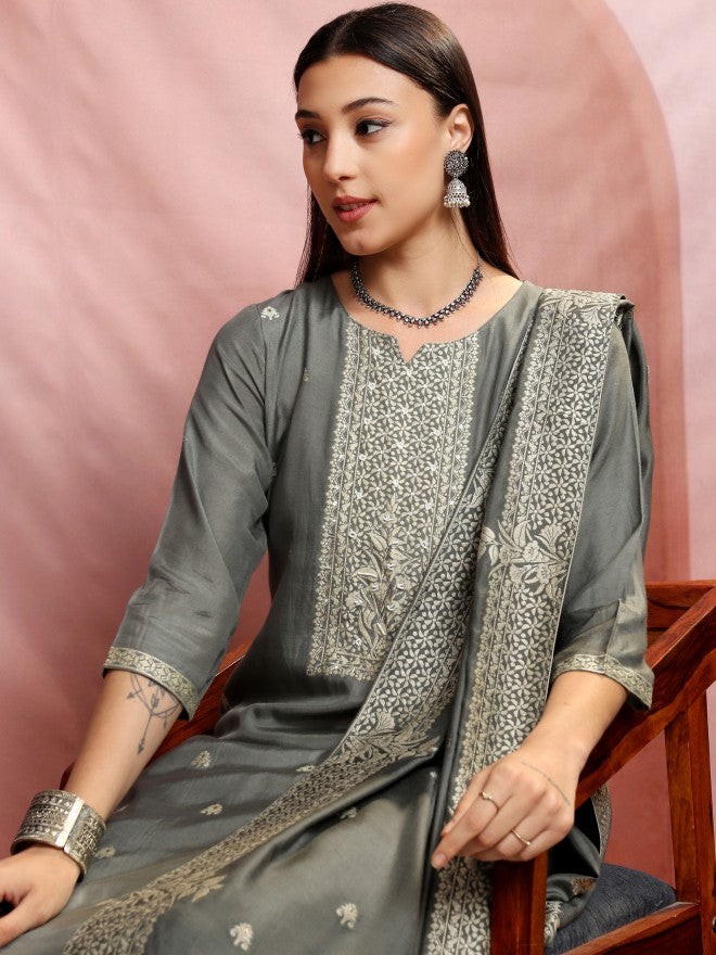 Vishudh Women Grey Embroidered Kurta With Trouser And Dupatta - Grey - Image 1