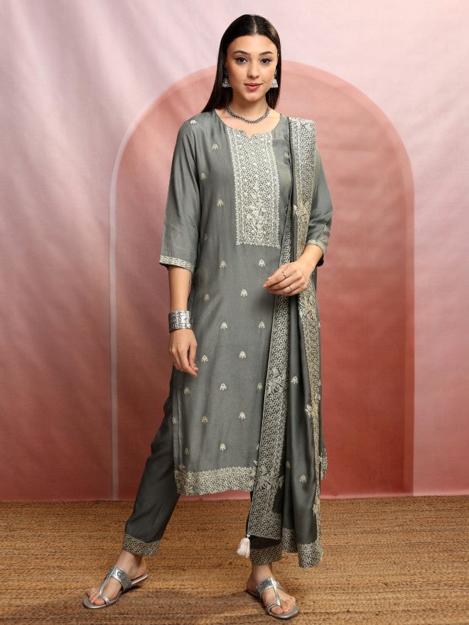 Vishudh Women Grey Embroidered Kurta With Trouser And Dupatta - Grey - Image 2