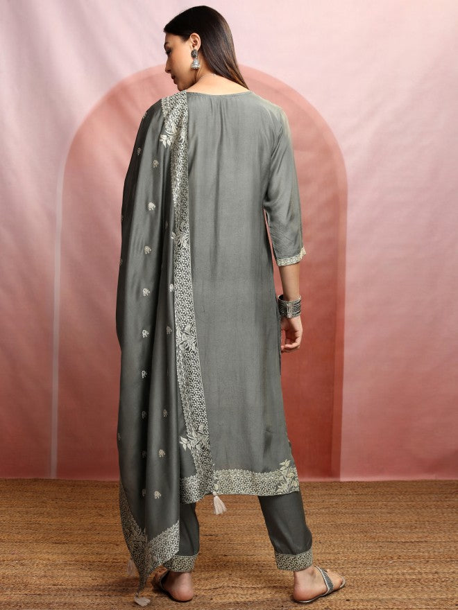 Vishudh Women Grey Embroidered Kurta With Trouser And Dupatta - Grey - Image 3