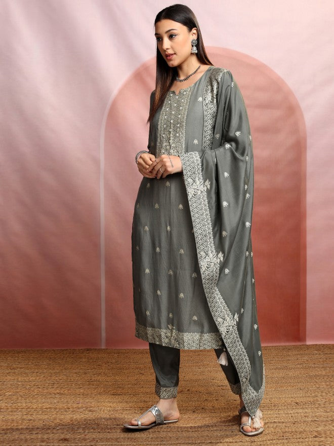 Vishudh Women Grey Embroidered Kurta With Trouser And Dupatta - Grey - Image 4