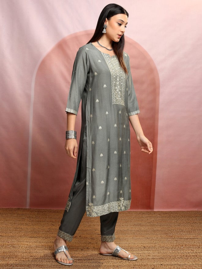 Vishudh Women Grey Embroidered Kurta With Trouser And Dupatta - Grey - Image 6