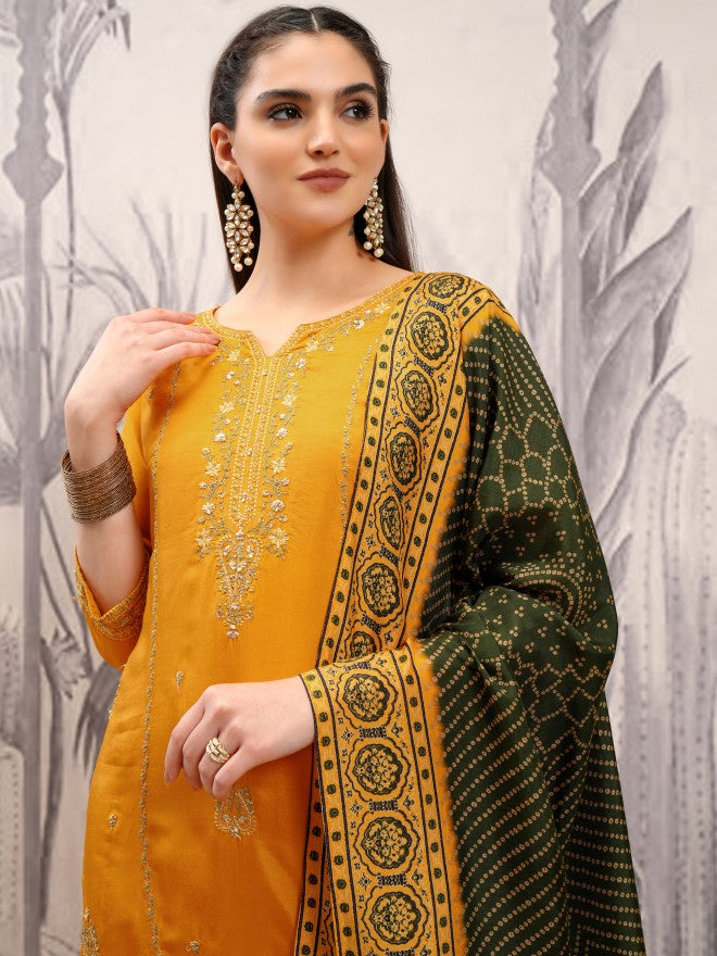 Vishudh Women Mustard Embroidered Kurta With Trouser And Dupatta - Mustard - Image 1