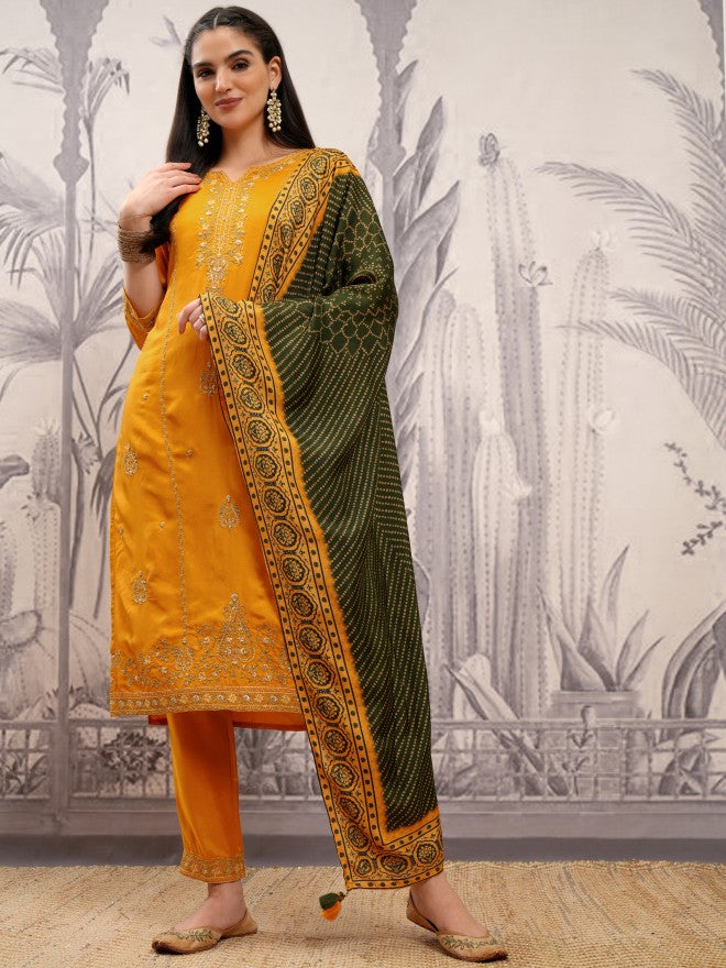 Vishudh Women Mustard Embroidered Kurta With Trouser And Dupatta - Mustard - Image 2
