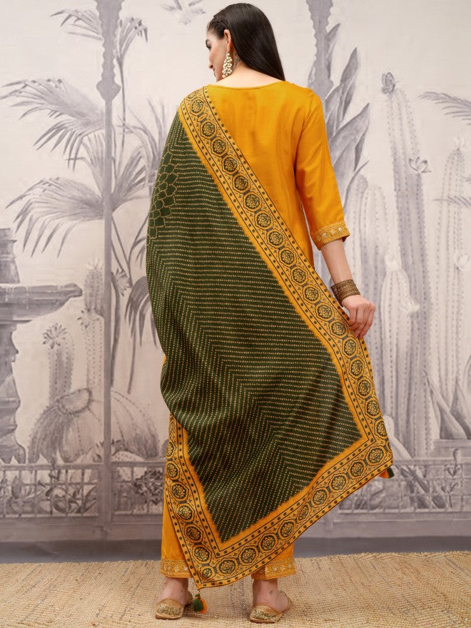 Vishudh Women Mustard Embroidered Kurta With Trouser And Dupatta - Mustard - Image 3