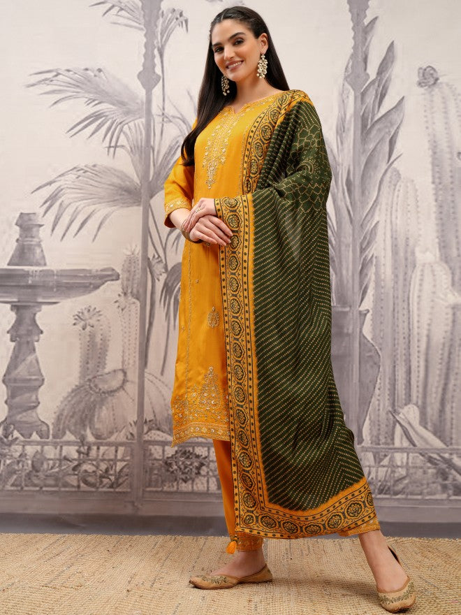 Vishudh Women Mustard Embroidered Kurta With Trouser And Dupatta - Mustard - Image 4