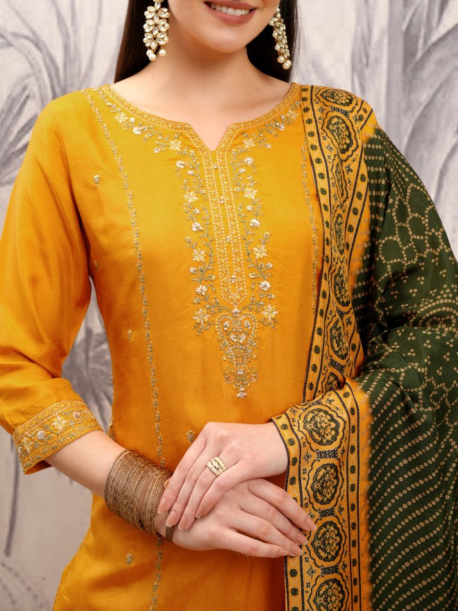 Vishudh Women Mustard Embroidered Kurta With Trouser And Dupatta - Mustard - Image 5