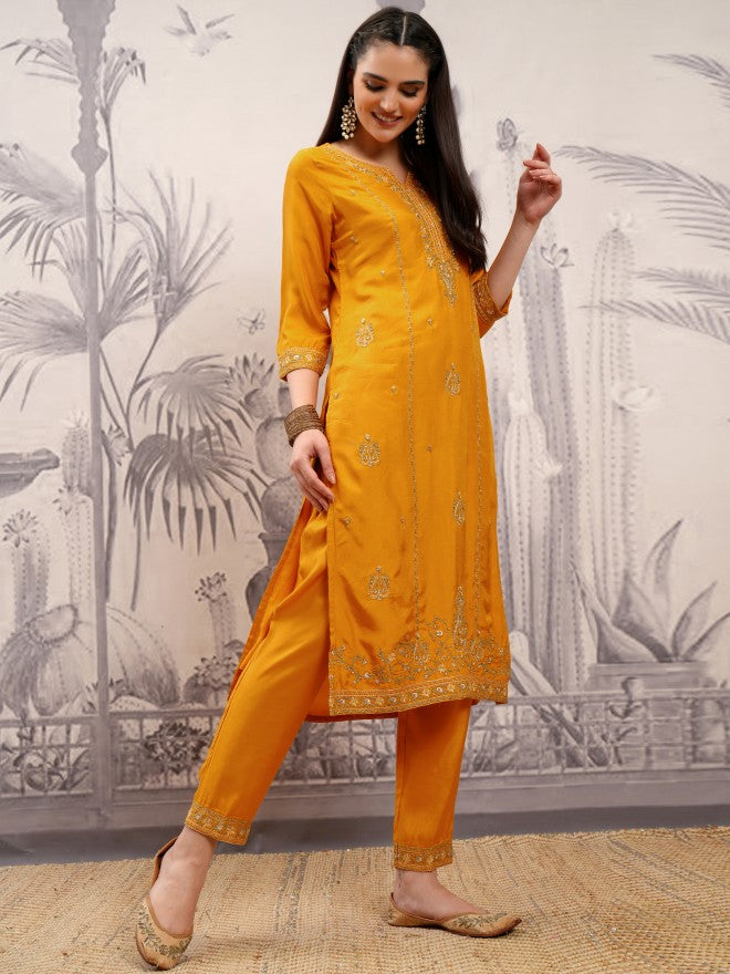 Vishudh Women Mustard Embroidered Kurta With Trouser And Dupatta - Mustard - Image 6