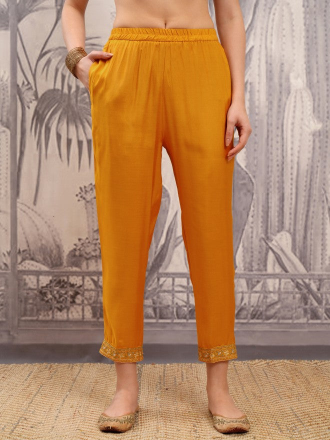 Vishudh Women Mustard Embroidered Kurta With Trouser And Dupatta - Mustard - Image 7